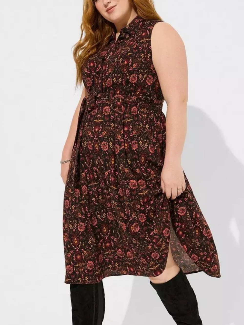 Torrid Sleeveless Midi Rayon Slub Shirtdress Boho Floral Print Dress Plus 6X
